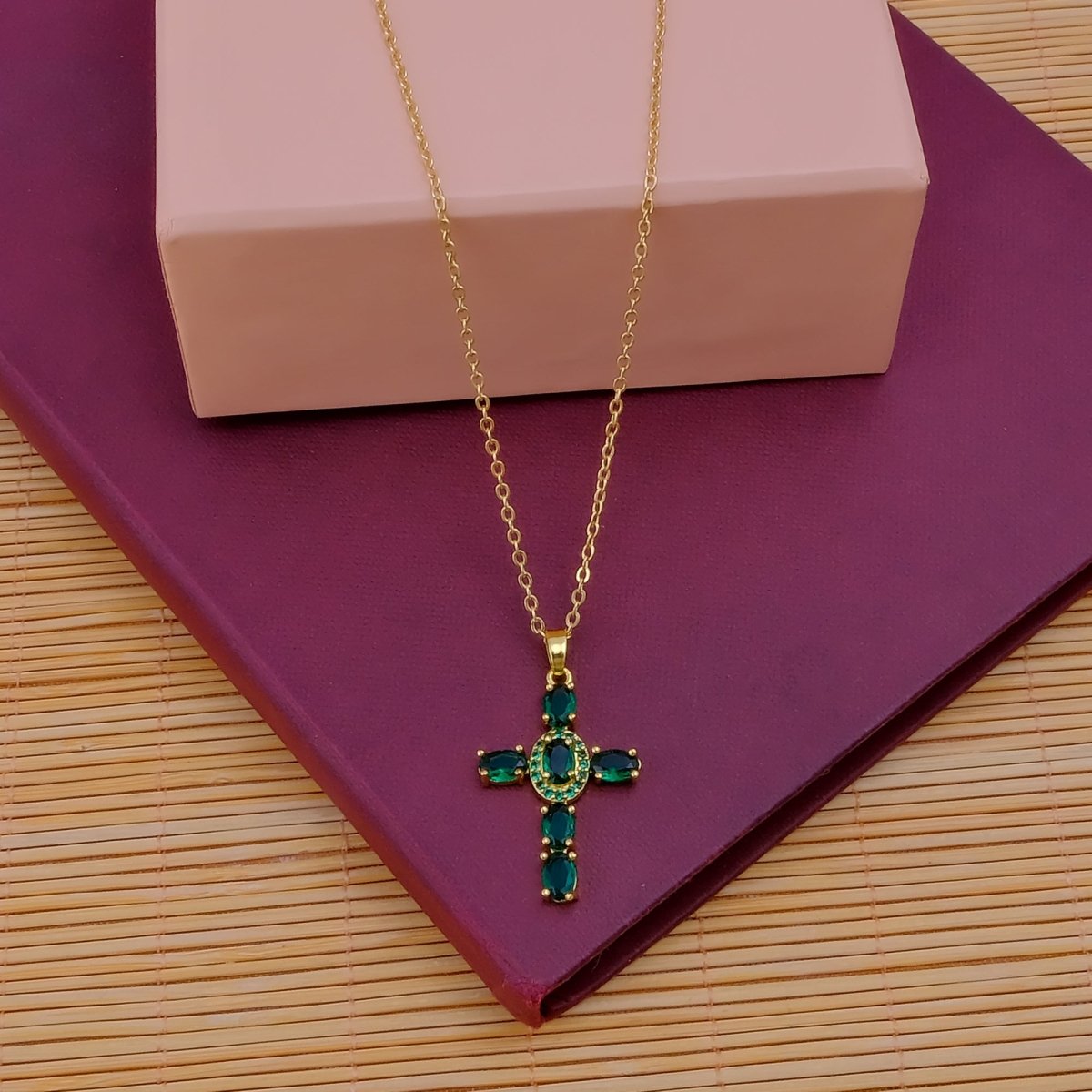 Gold - Plated Emerald CZ Cross Pendant Necklace Elegant Green Stone Religious Jewelry
