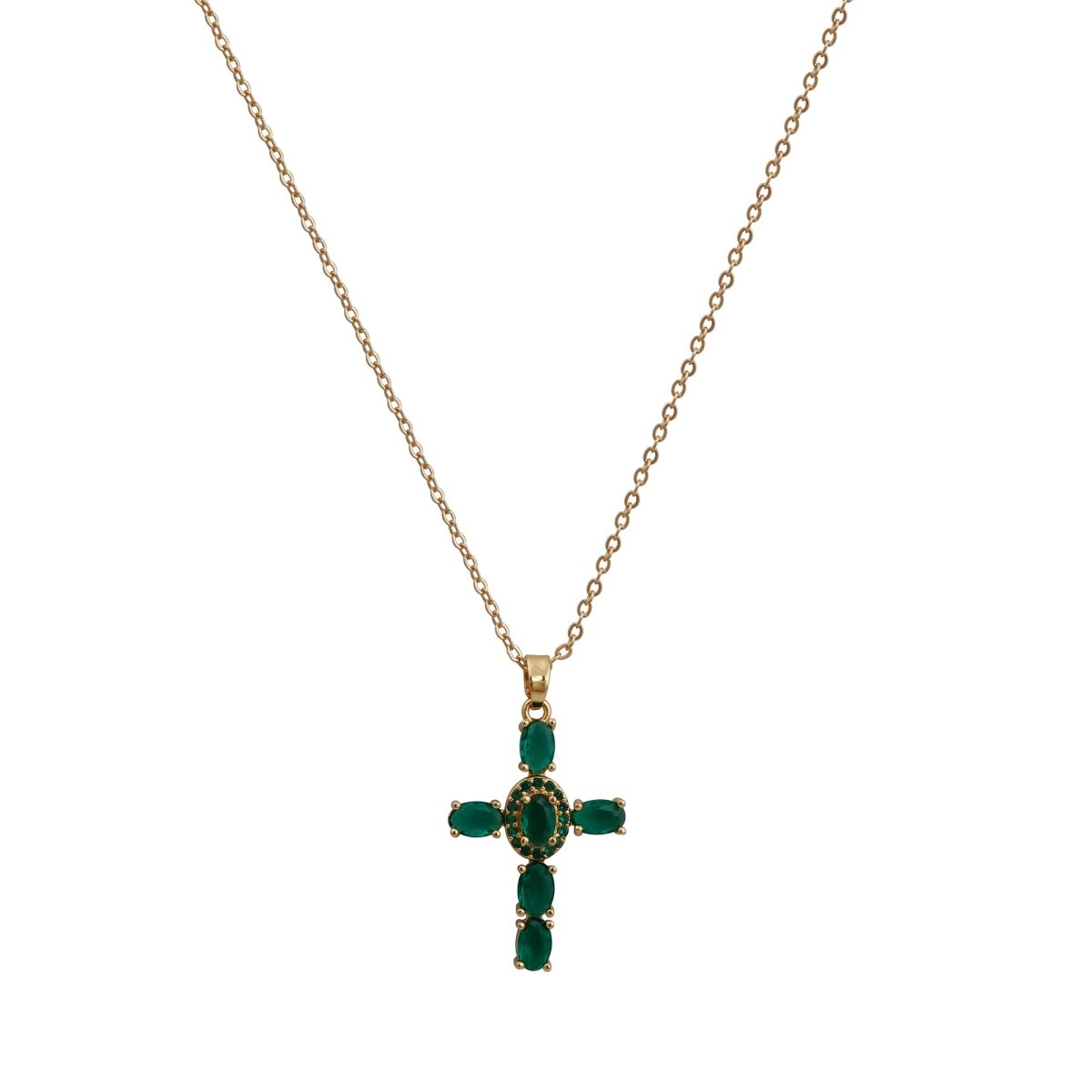 Gold - Plated Emerald CZ Cross Pendant Necklace Elegant Green Stone Religious Jewelry