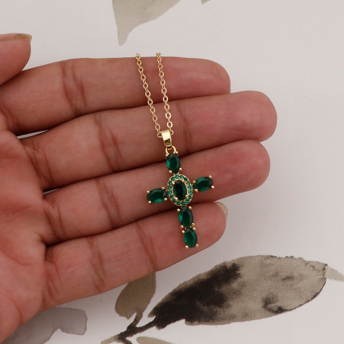 Gold - Plated Emerald CZ Cross Pendant Necklace Elegant Green Stone Religious Jewelry