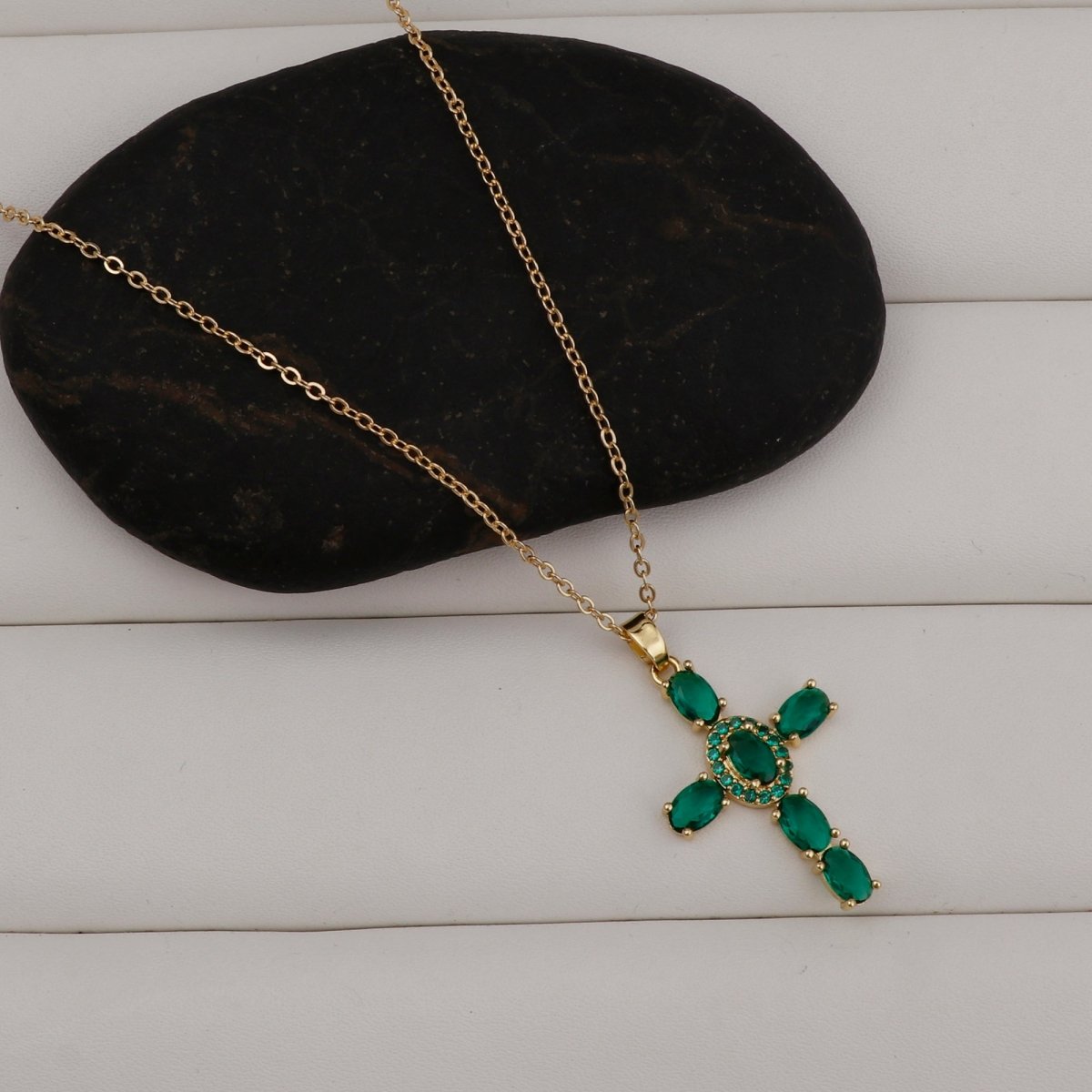 Gold - Plated Emerald CZ Cross Pendant Necklace Elegant Green Stone Religious Jewelry