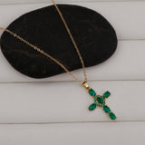 Gold - Plated Emerald CZ Cross Pendant Necklace Elegant Green Stone Religious Jewelry