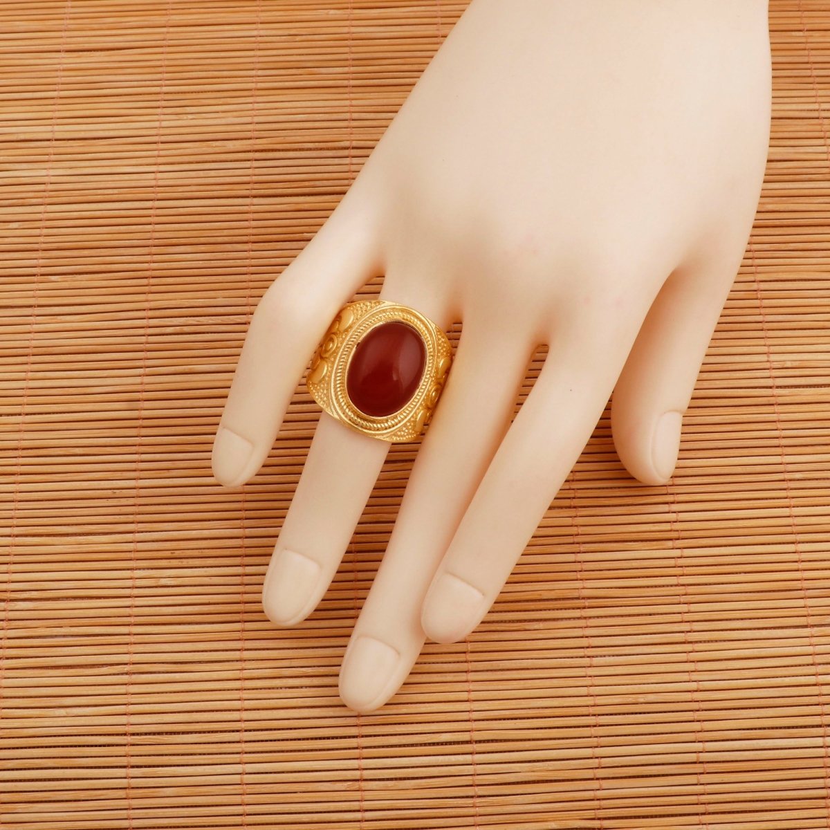 Gold Plated Filigree Labradorite Statement Ring - Elegant Handcrafted Jewelry Red Onyx