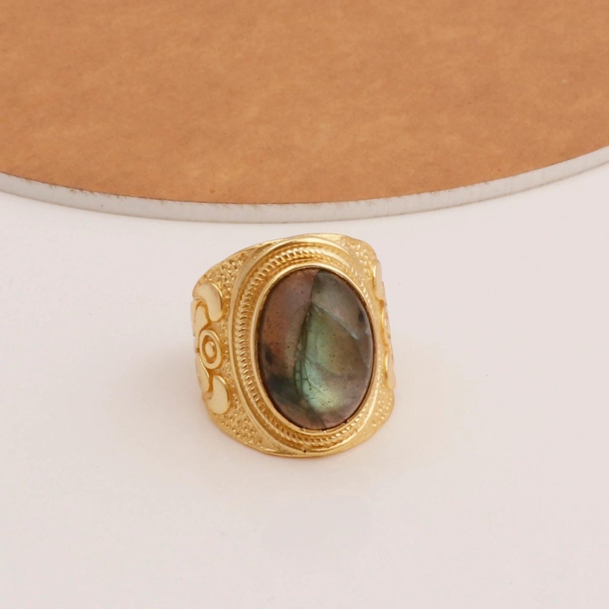 Gold Plated Filigree Labradorite Statement Ring - Elegant Handcrafted Jewelry