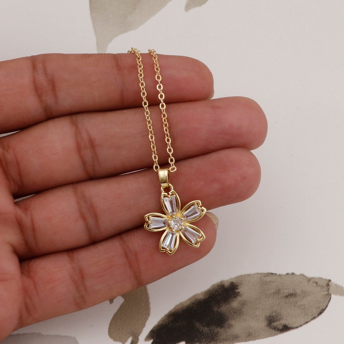 Gold - Plated Flower Pendant Necklace with Cubic Zirconia Gemstones Elegant Floral Jewelry