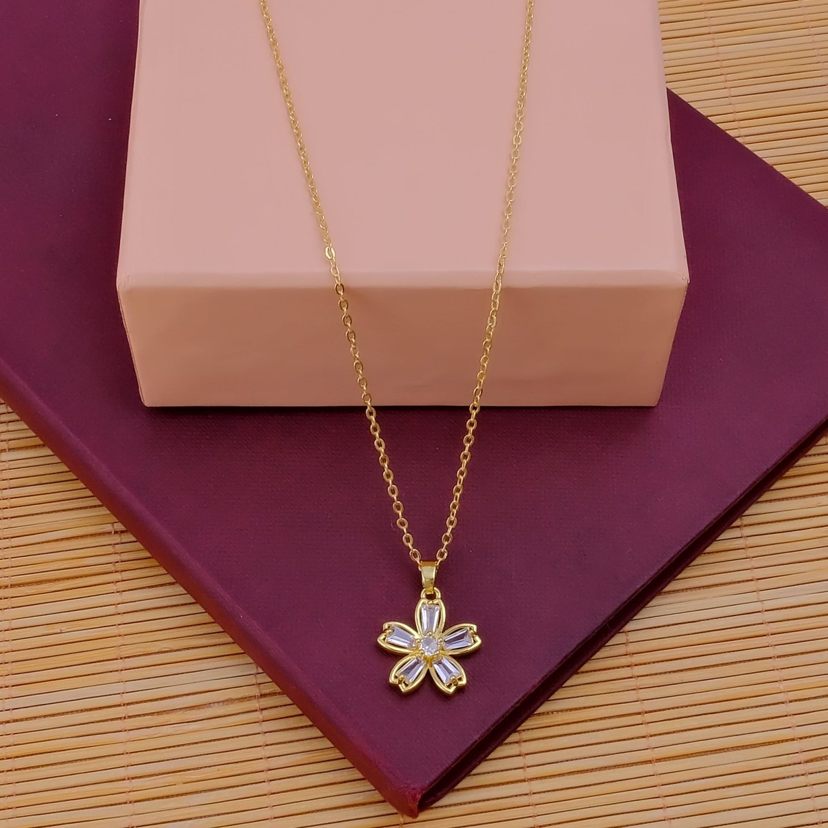 Gold - Plated Flower Pendant Necklace with Cubic Zirconia Gemstones Elegant Floral Jewelry