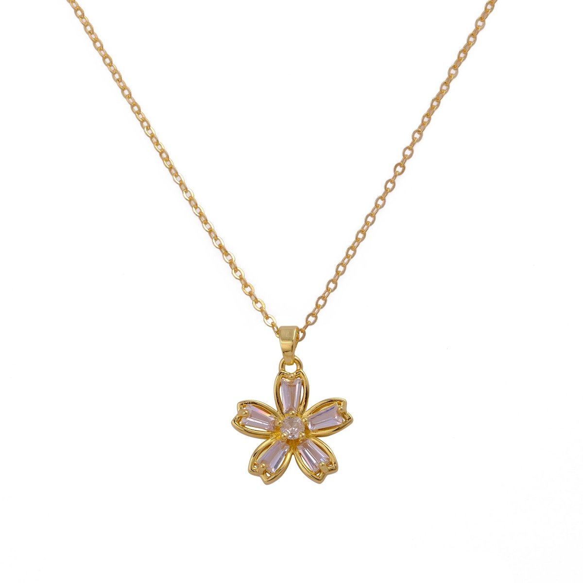 Gold - Plated Flower Pendant Necklace with Cubic Zirconia Gemstones Elegant Floral Jewelry