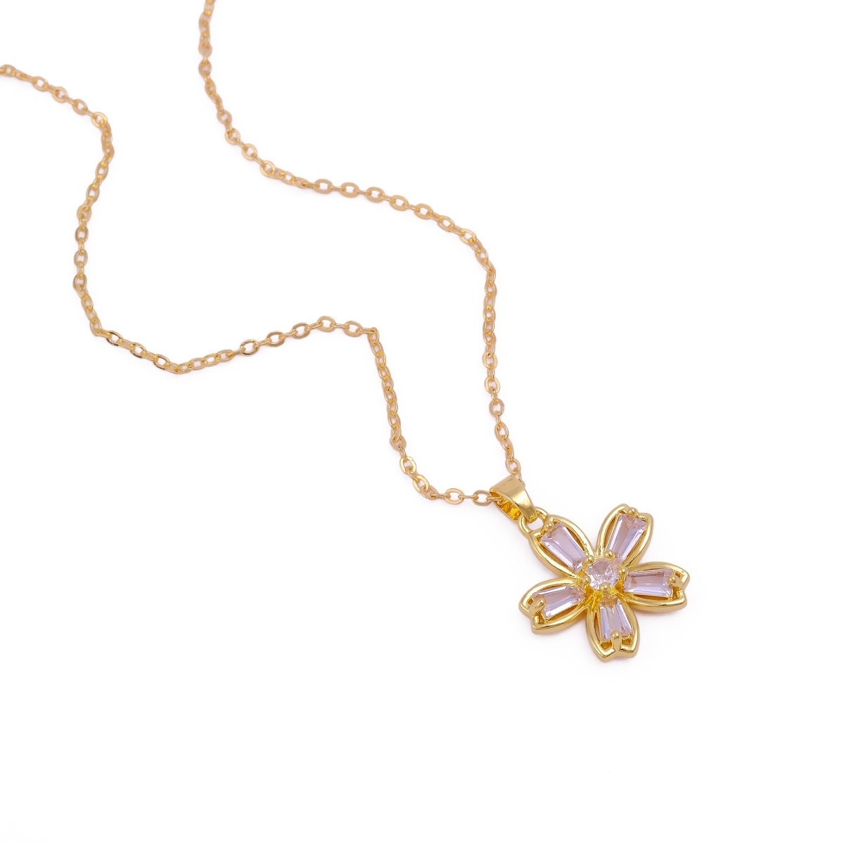 Gold - Plated Flower Pendant Necklace with Cubic Zirconia Gemstones Elegant Floral Jewelry