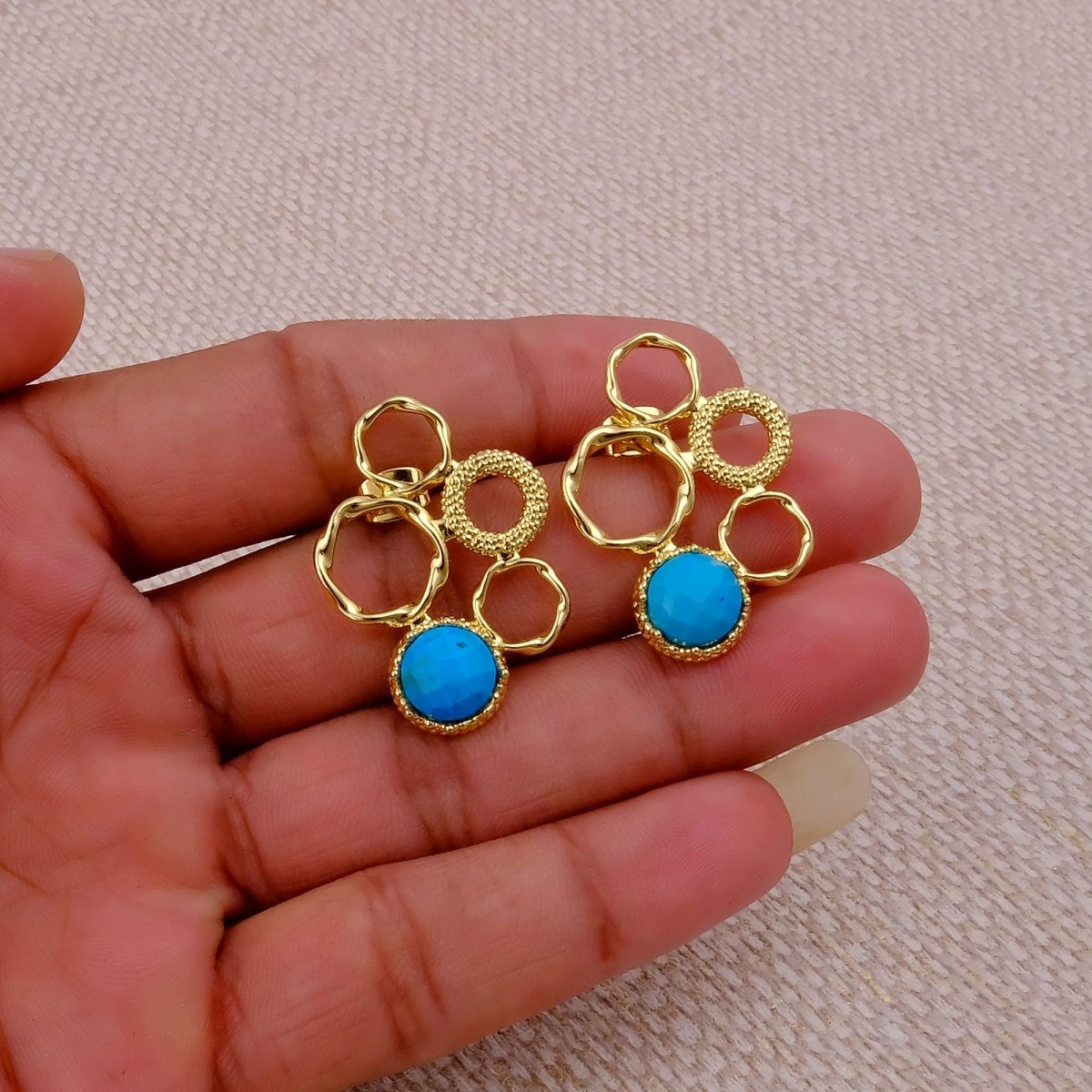 Gold Plated Geometric Circle Stud Earrings with Dalmatian Jasper Gemstone CE - 1017