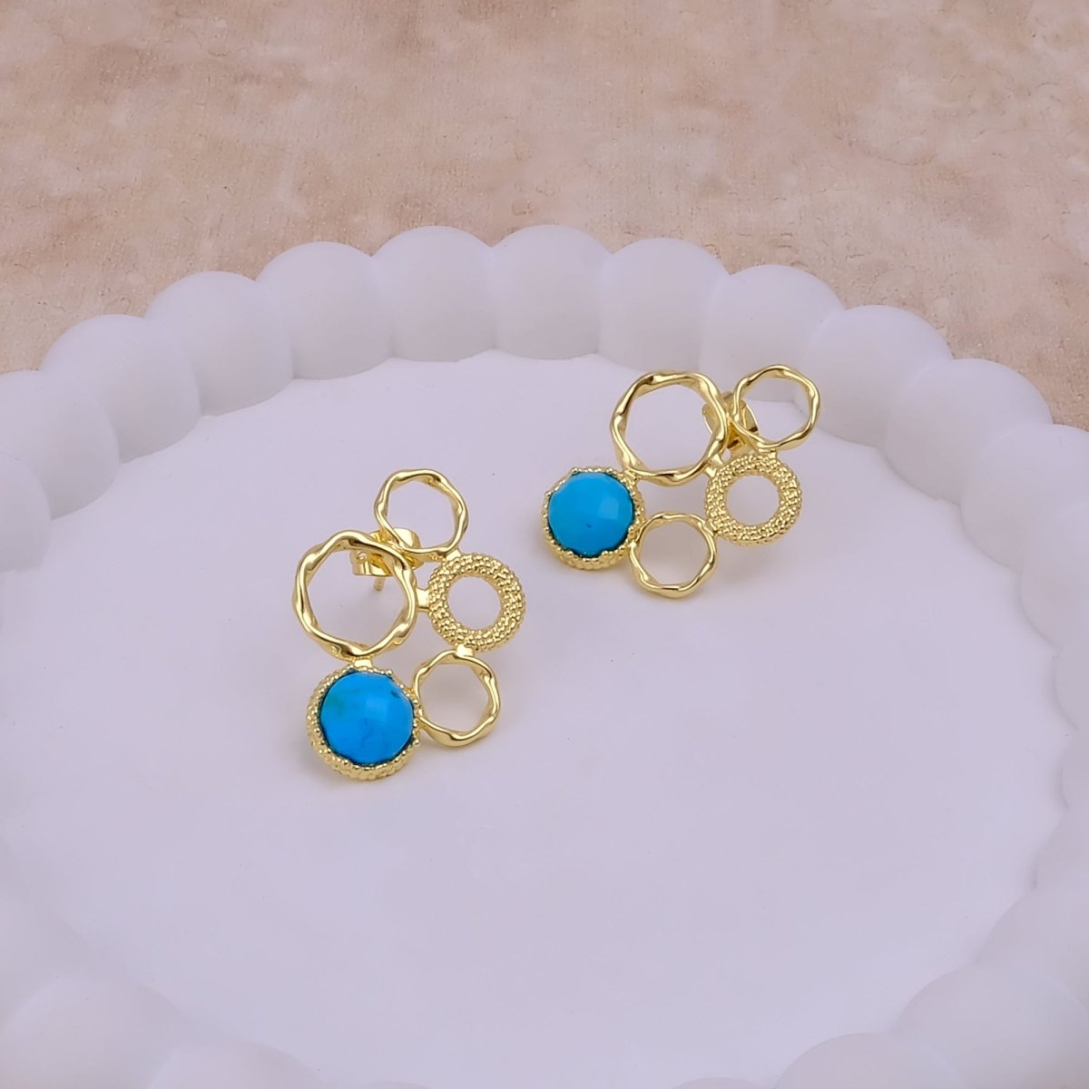 Gold Plated Geometric Circle Stud Earrings with Dalmatian Jasper Gemstone CE - 1017