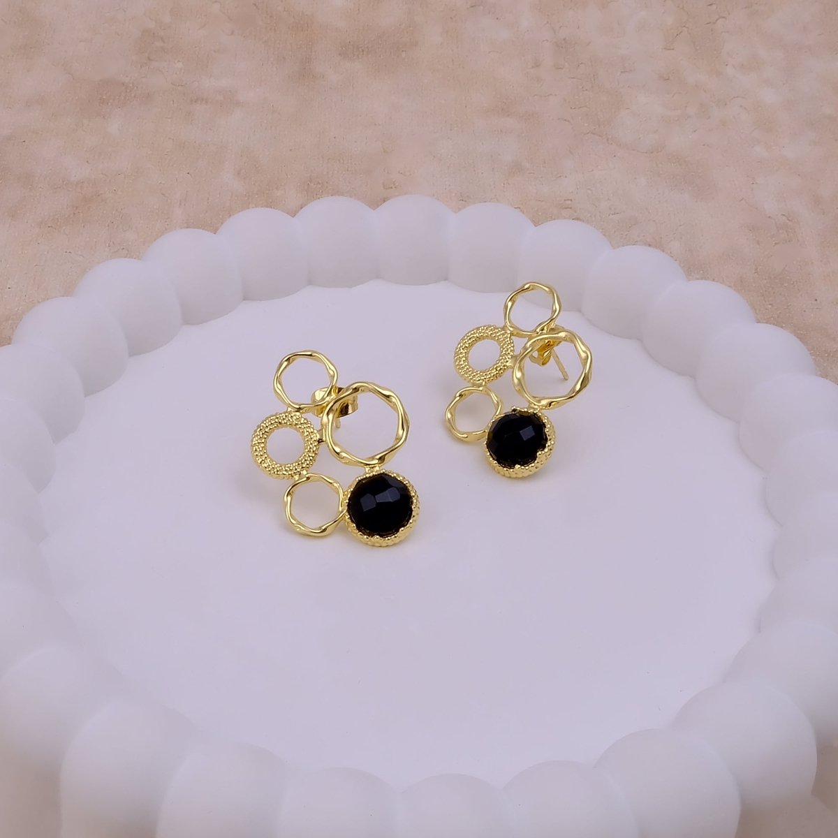 Gold Plated Geometric Circle Stud Earrings with Dalmatian Jasper Gemstone CE - 1017