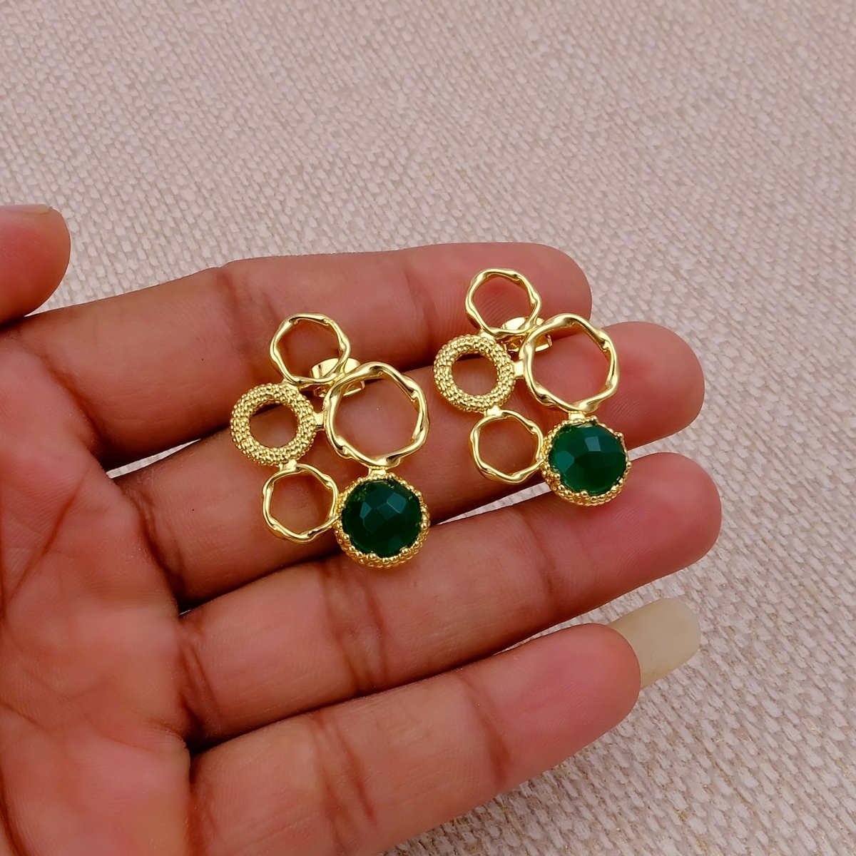 Gold Plated Geometric Circle Stud Earrings with Dalmatian Jasper Gemstone CE - 1017