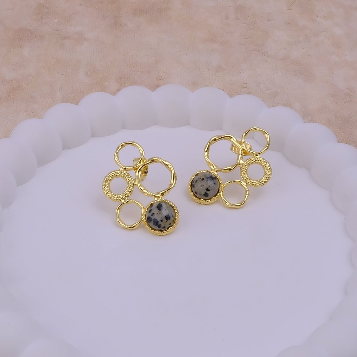 Gold Plated Geometric Circle Stud Earrings with Dalmatian Jasper Gemstone CE - 1017