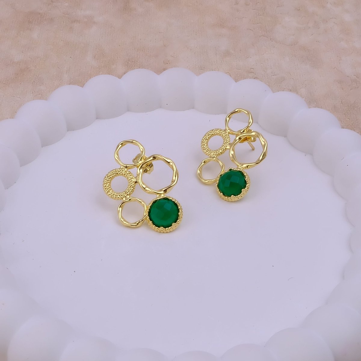 Gold Plated Geometric Circle Stud Earrings with Dalmatian Jasper Gemstone CE - 1017