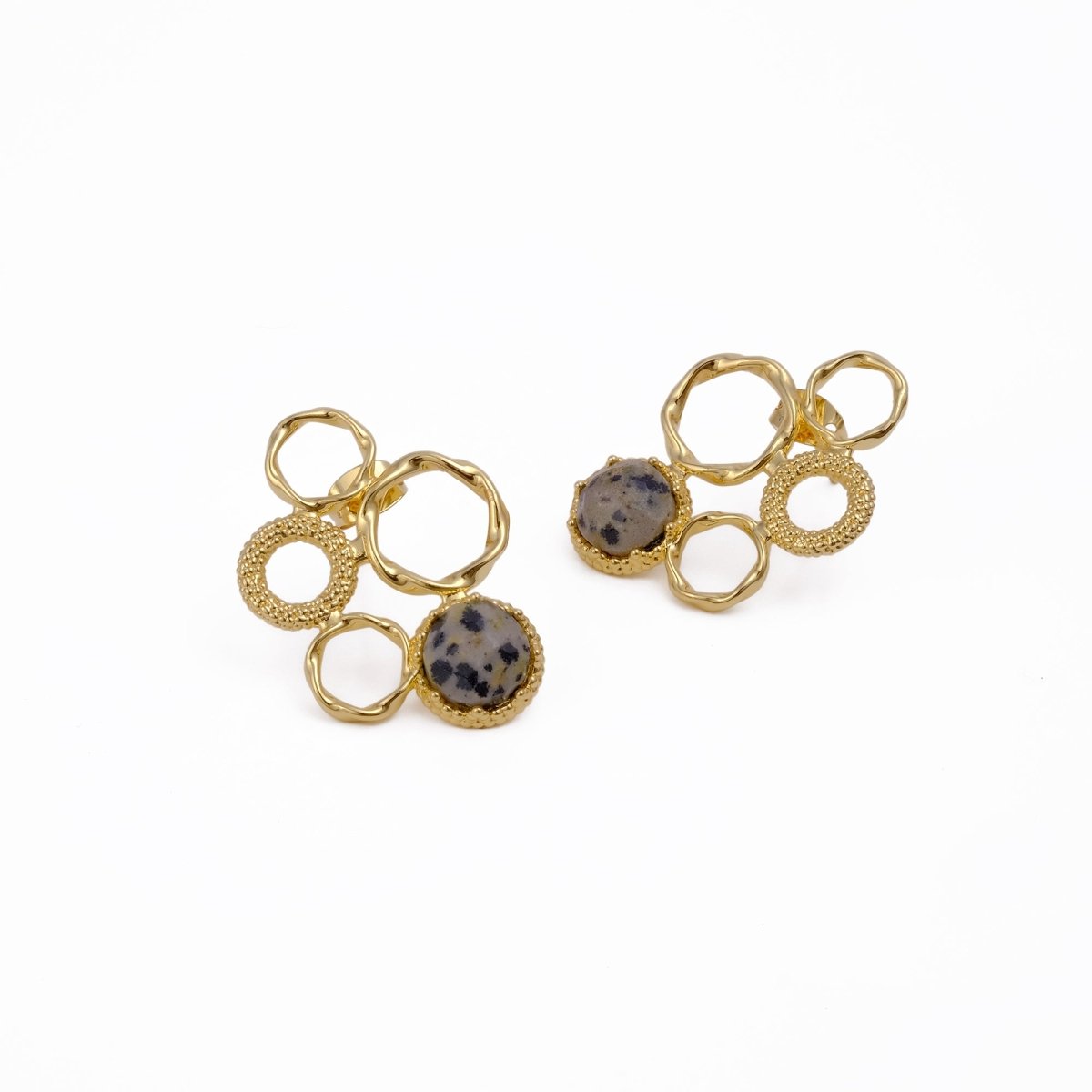 Gold Plated Geometric Circle Stud Earrings with Dalmatian Jasper Gemstone CE - 1017