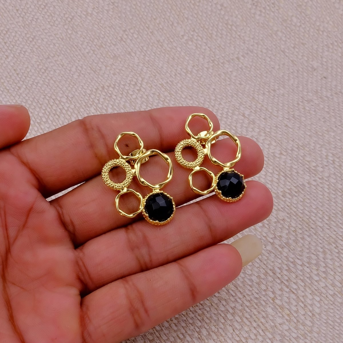 Gold Plated Geometric Circle Stud Earrings with Dalmatian Jasper Gemstone CE - 1017