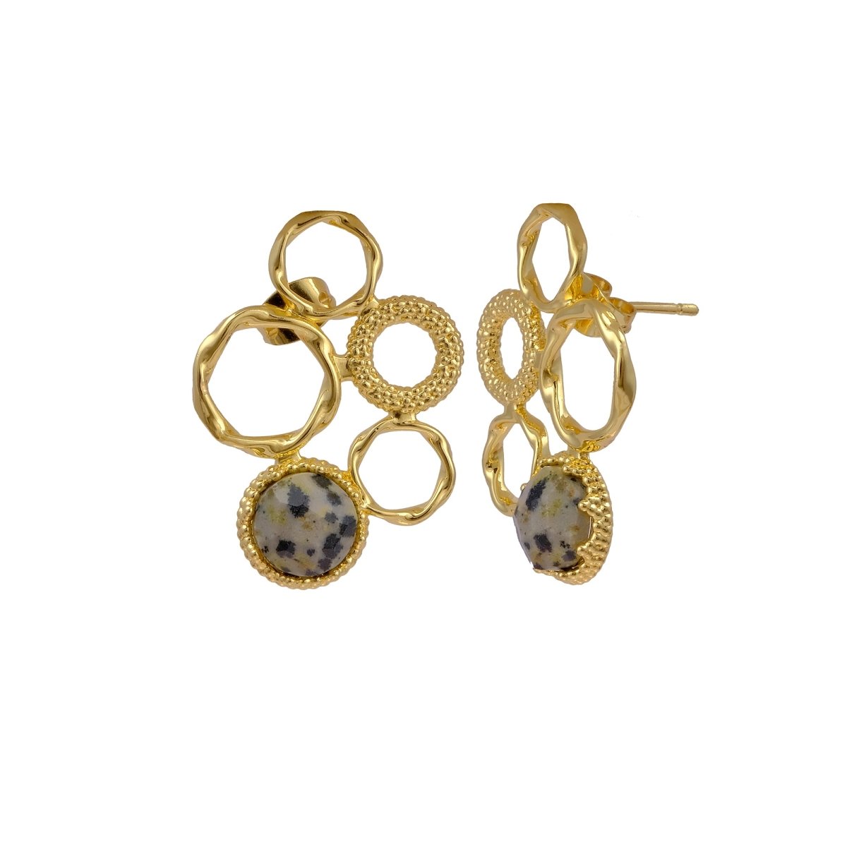 Gold Plated Geometric Circle Stud Earrings with Dalmatian Jasper Gemstone CE - 1017