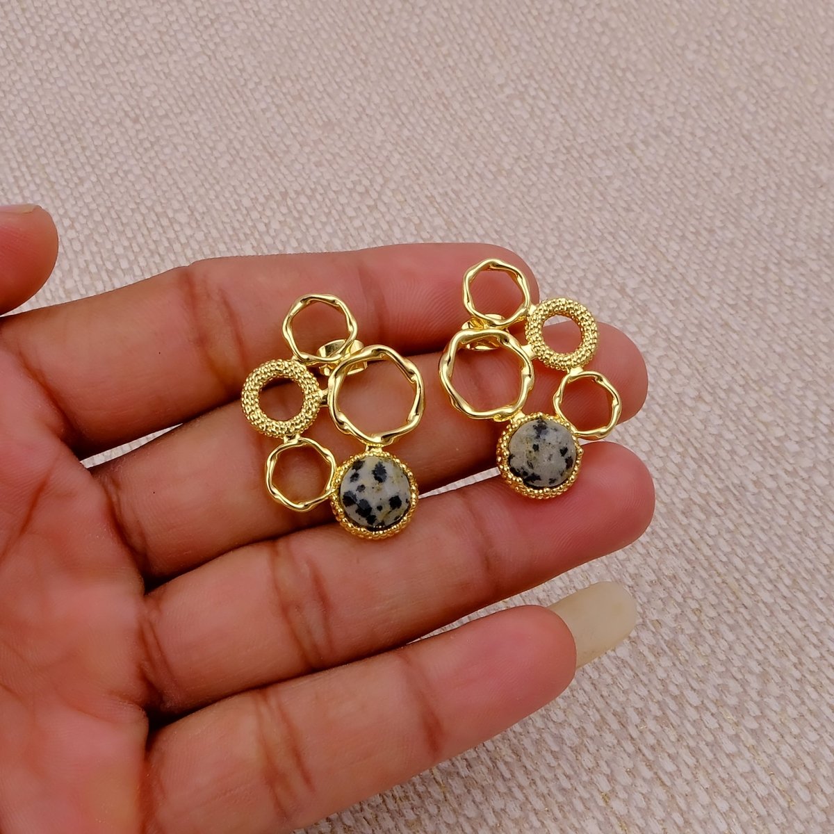 Gold Plated Geometric Circle Stud Earrings with Dalmatian Jasper Gemstone CE - 1017