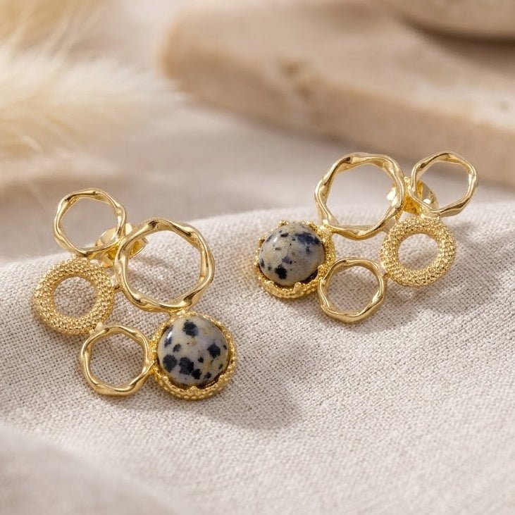 Gold Plated Geometric Circle Stud Earrings with Dalmatian Jasper Gemstone CE - 1017