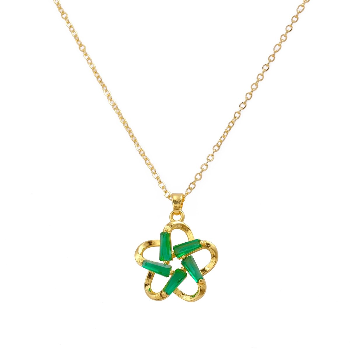 Gold - Plated Green Flower Pendant Necklace Elegant Green Emerald Gemstone Jewelry