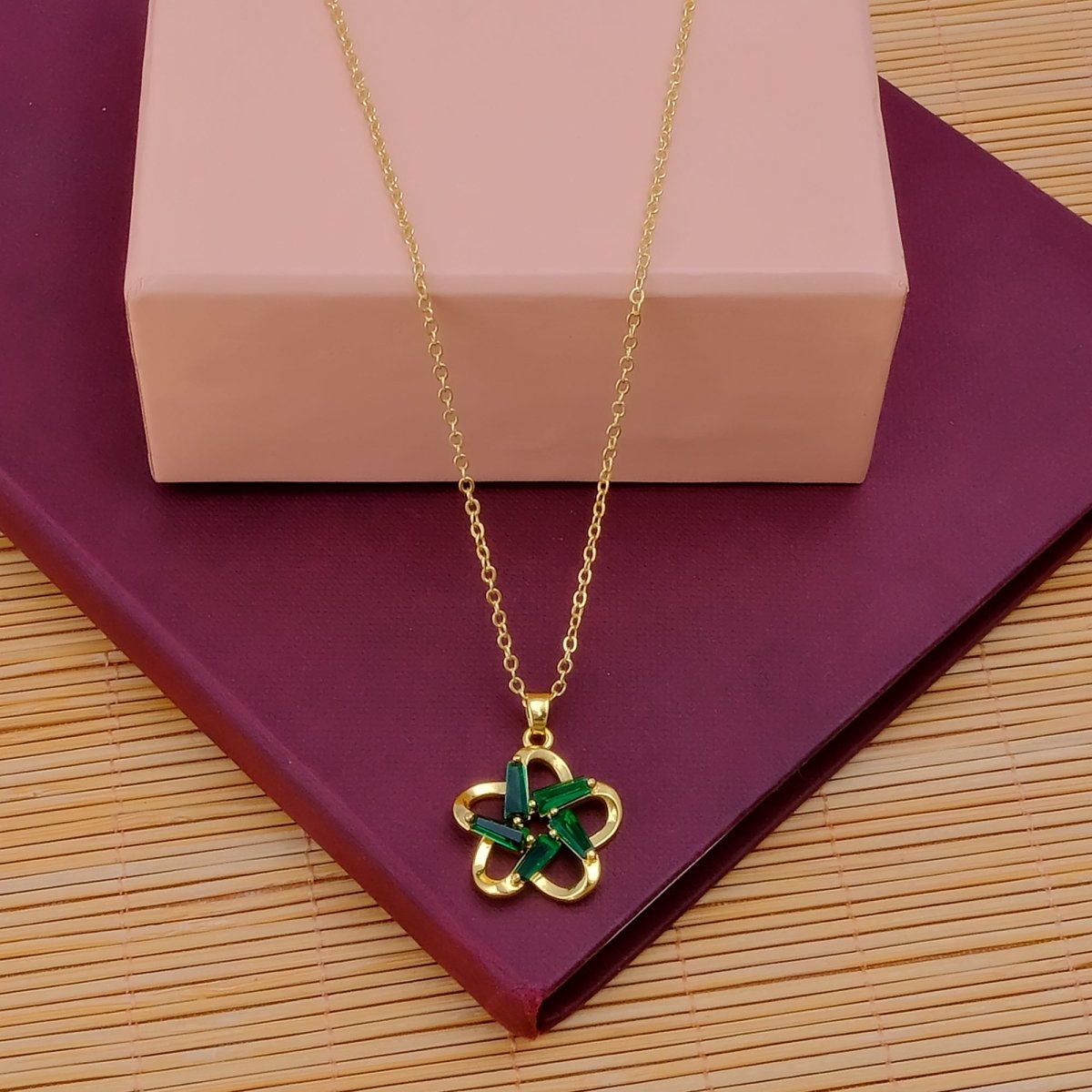 Gold - Plated Green Flower Pendant Necklace Elegant Green Emerald Gemstone Jewelry