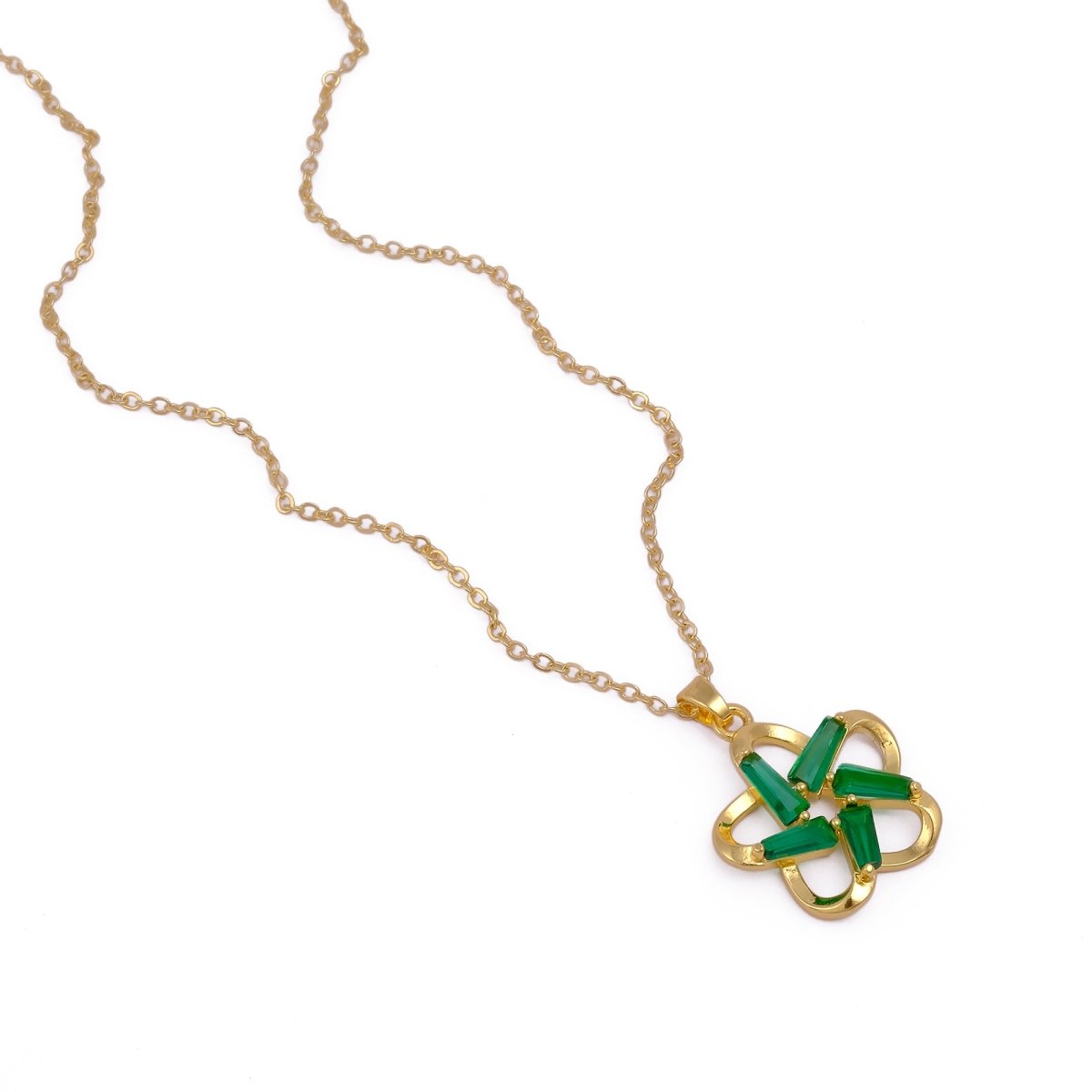 Gold - Plated Green Flower Pendant Necklace Elegant Green Emerald Gemstone Jewelry