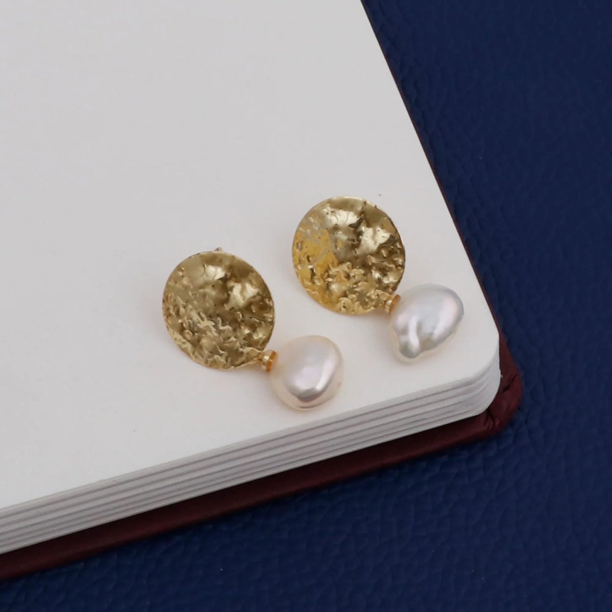Gold Plated Hammered Stud Earrings Pearl Gemstone Stud Minimalist Post Earrings