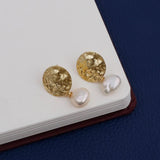 Gold Plated Hammered Stud Earrings Pearl Gemstone Stud Minimalist Post Earrings