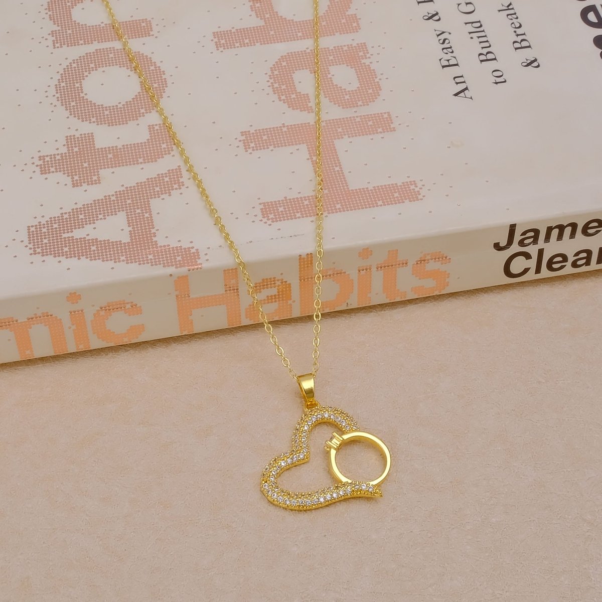 Gold Plated Heart Necklace with Cubic Zirconia Ring Pendant Elegant Love Jewelry Gift