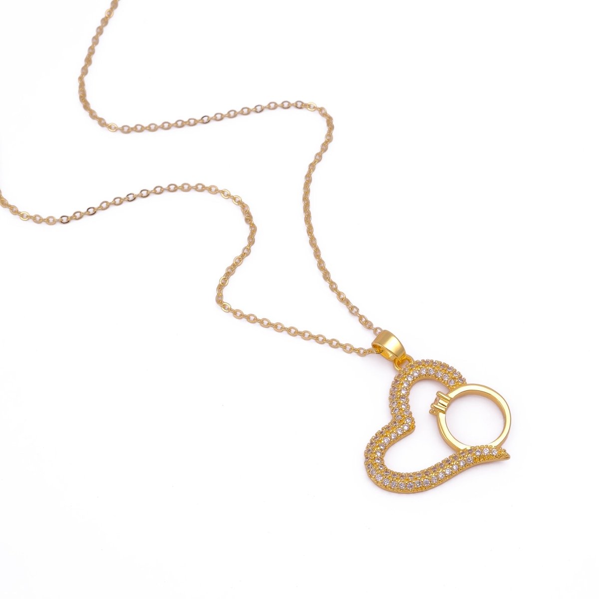 Gold Plated Heart Necklace with Cubic Zirconia Ring Pendant Elegant Love Jewelry Gift