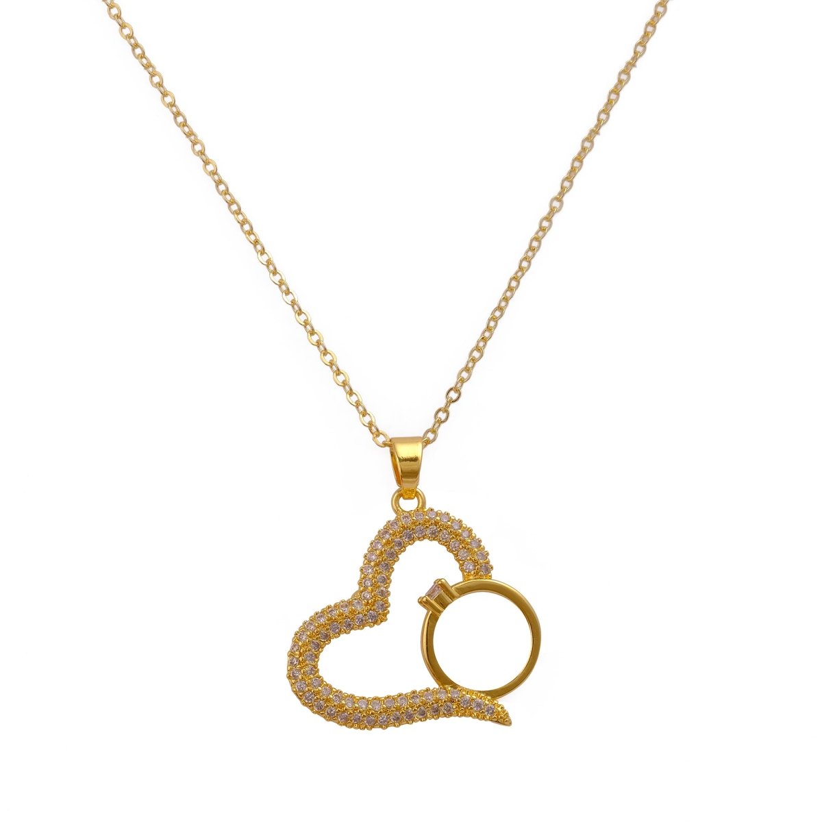 Gold Plated Heart Necklace with Cubic Zirconia Ring Pendant Elegant Love Jewelry Gift