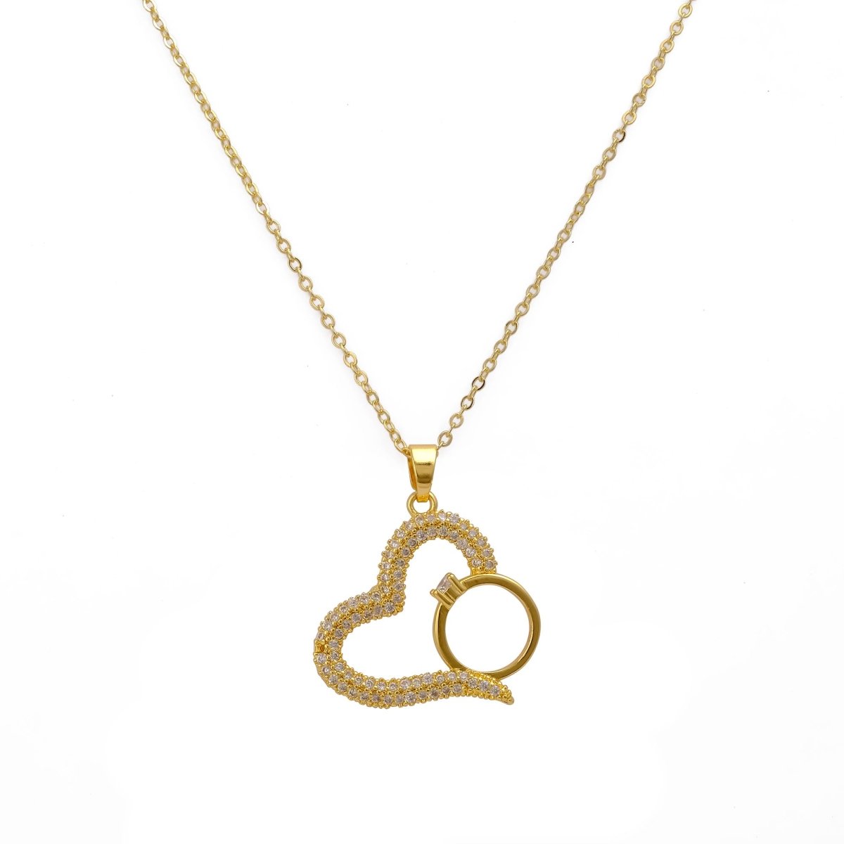 Gold Plated Heart Necklace with Cubic Zirconia Ring Pendant Elegant Love Jewelry Gift