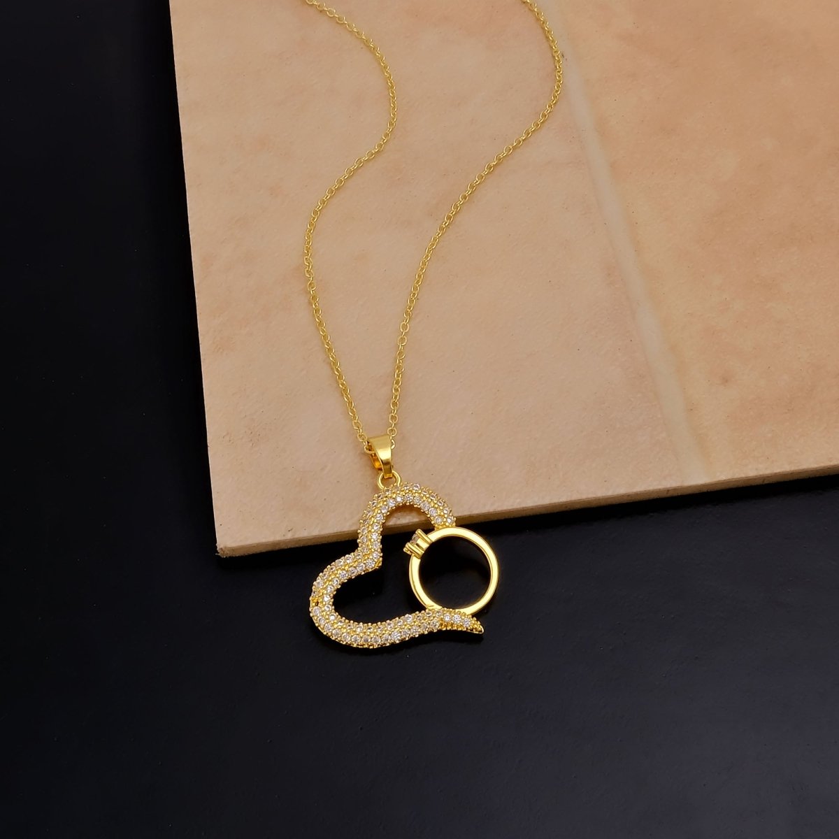 Gold Plated Heart Necklace with Cubic Zirconia Ring Pendant Elegant Love Jewelry Gift