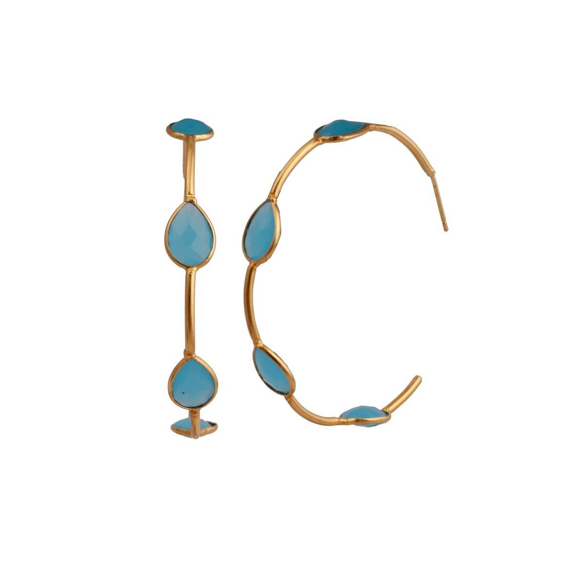 Gold Plated Hoop Earrings, Aqua Chalcedony Teardrop Gemstone Hoops Statement Hoops