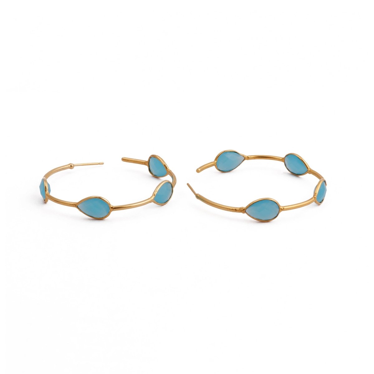 Gold Plated Hoop Earrings, Aqua Chalcedony Teardrop Gemstone Hoops Statement Hoops
