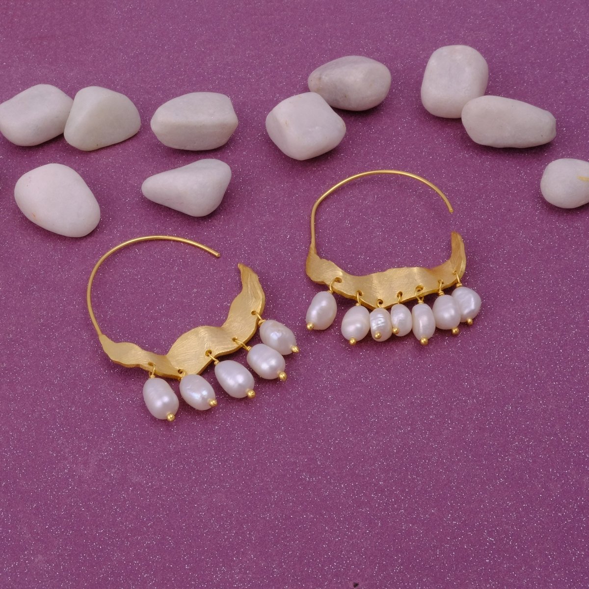 Gold Plated Hoop Earrings Pearl Gemstone Earring Wavy Design Textured Earring