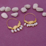 Gold Plated Hoop Earrings Pearl Gemstone Earring Wavy Design Textured Earring