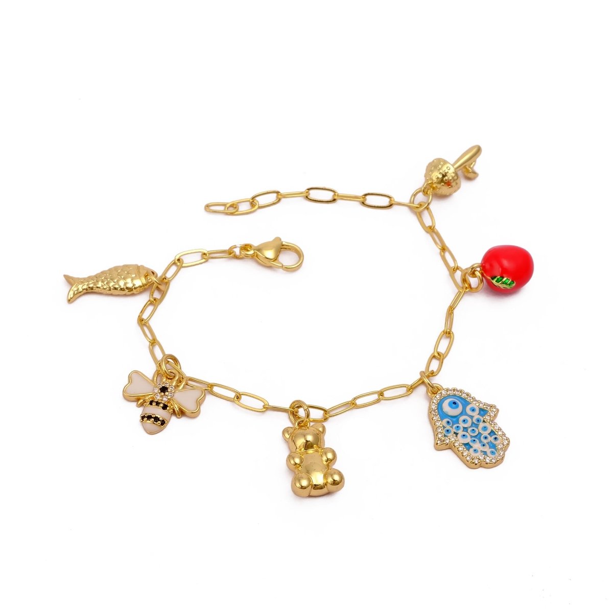 Gold Plated Multi Charm Bracelet for Women, Hamsa Hand & Evil Eye Jewelry 5382 Style 1.