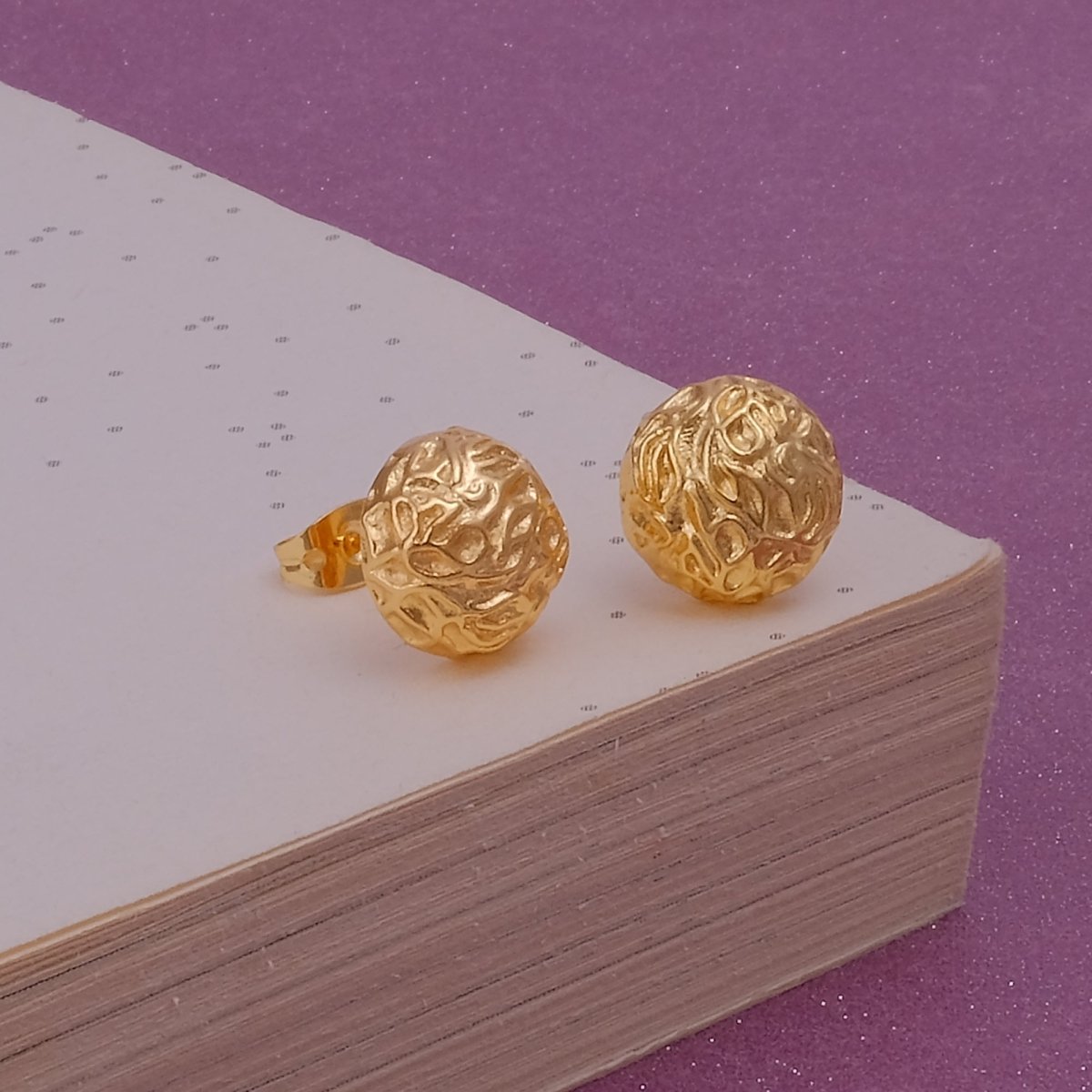 Gold Plated Organic Textured Dome Stud Earrings Artisan Round Jewelry
