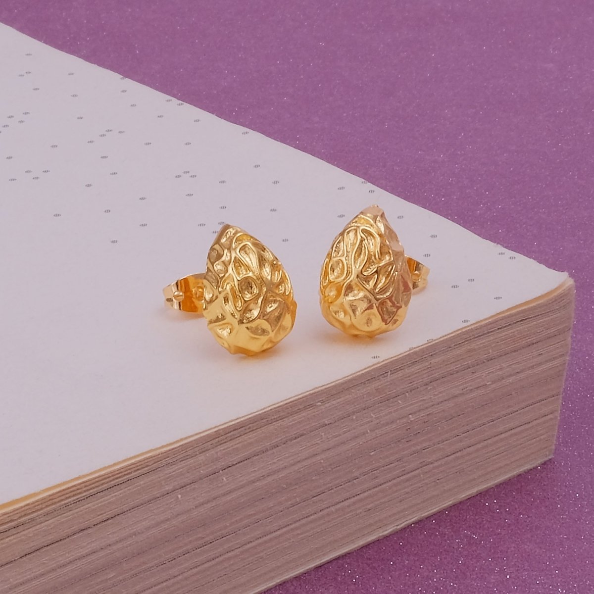 Gold Plated Organic Textured Teardrop Stud Earrings Modern Artisan Jewelry