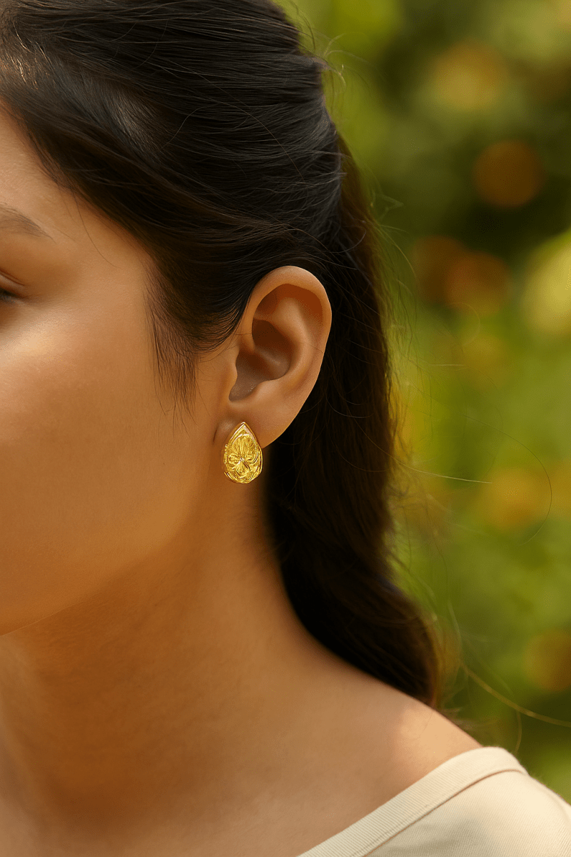 Gold Plated Organic Textured Teardrop Stud Earrings Modern Artisan Jewelry