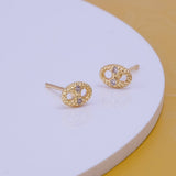 Gold Plated Oval Stud Earrings with CZ – Dainty Textured Design Minimalist Studs