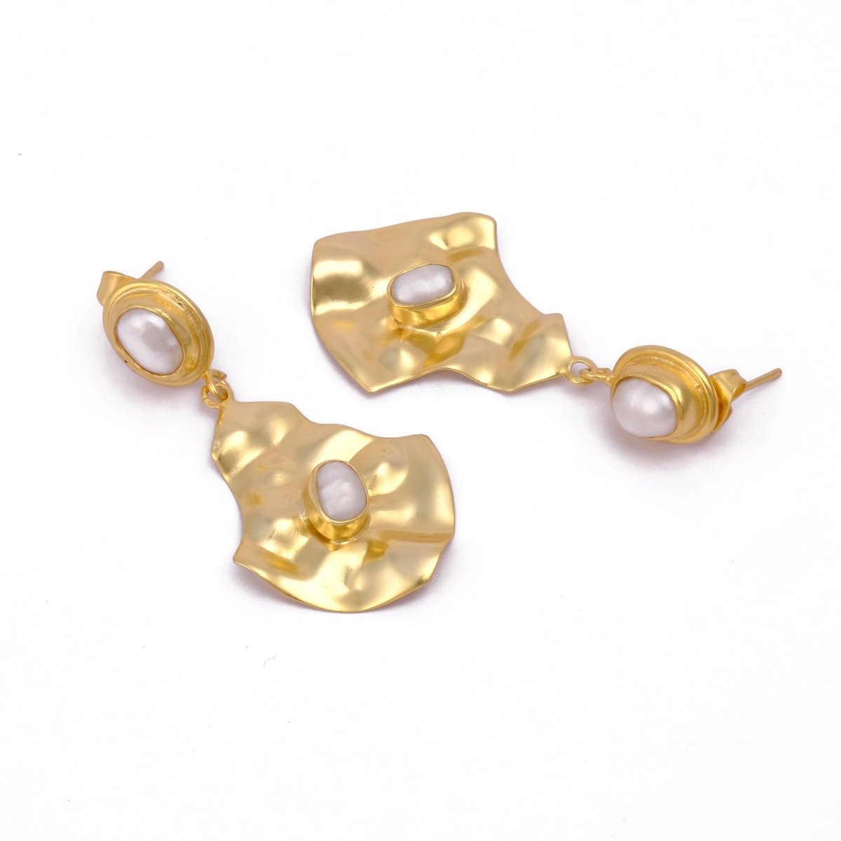 Gold Plated Pearl Dangle Earrings, Handmade Textured & Bezel Setting, Push Back Studs, Statement Earrings for Women. S