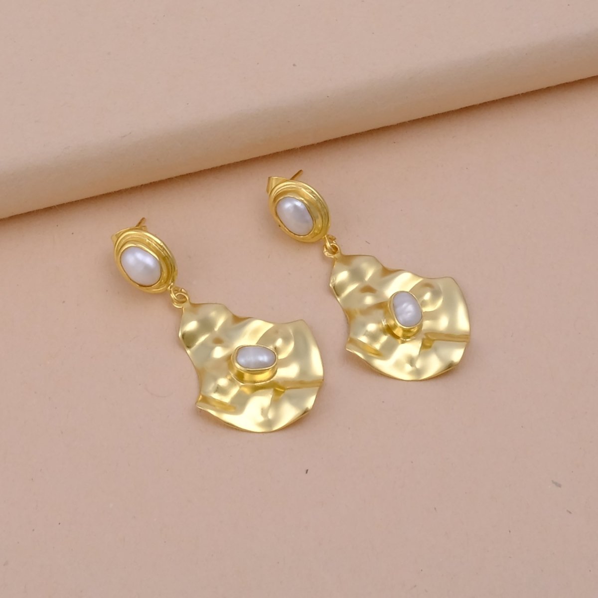 Gold Plated Pearl Dangle Earrings, Handmade Textured & Bezel Setting, Push Back Studs, Statement Earrings for Women. S