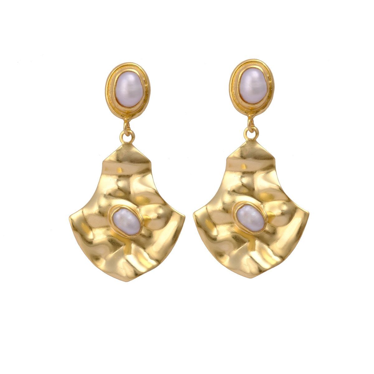 Gold Plated Pearl Dangle Earrings, Handmade Textured & Bezel Setting, Push Back Studs, Statement Earrings for Women. S