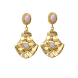 Gold Plated Pearl Dangle Earrings, Handmade Textured & Bezel Setting, Push Back Studs, Statement Earrings for Women. S