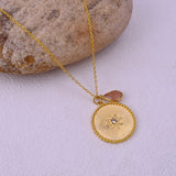 Gold Plated Starburst Medallion Necklace with Peach Moonstone Teardrop Charm 5318