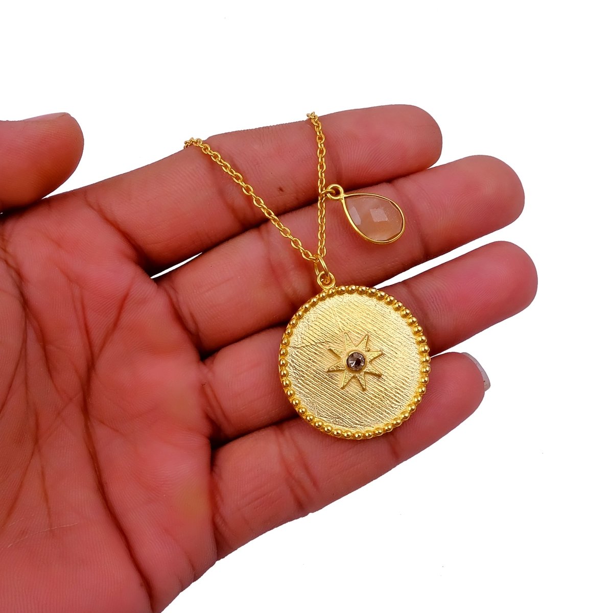 Gold Plated Starburst Medallion Necklace with Peach Moonstone Teardrop Charm 5318