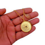 Gold Plated Starburst Medallion Necklace with Peach Moonstone Teardrop Charm 5318