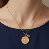 Gold Plated Starburst Medallion Necklace with Peach Moonstone Teardrop Charm 5318