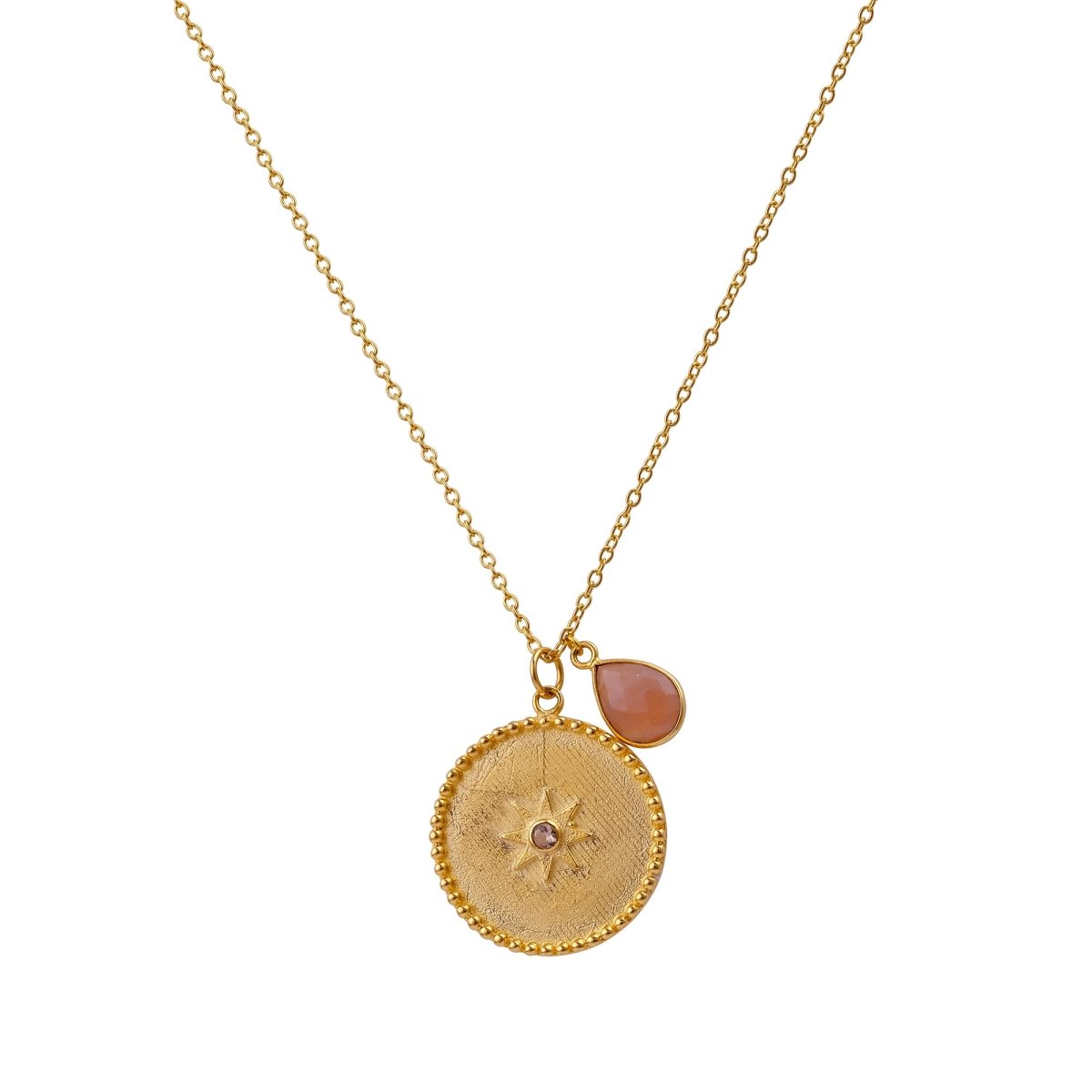 Gold Plated Starburst Medallion Necklace with Peach Moonstone Teardrop Charm 5318